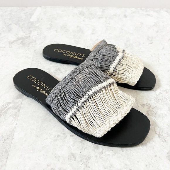 NEW Anthropologie Coconuts By Matisse Slide Sandals Leather Jute Gray White 8 - Picture 1 of 5